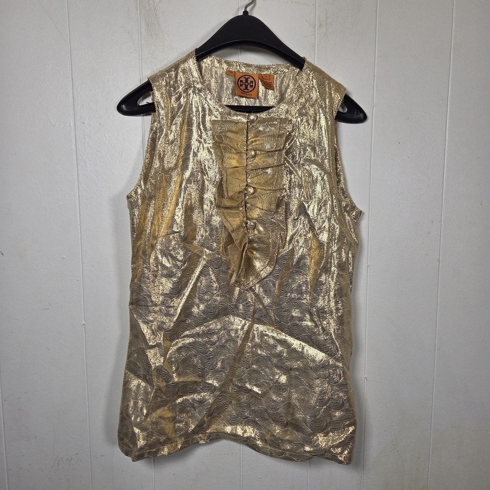 Tory Burch Trumpet Sleeveless Gold Ruffle Silk Blend Blouse Size 6 - Picture 2 of 16